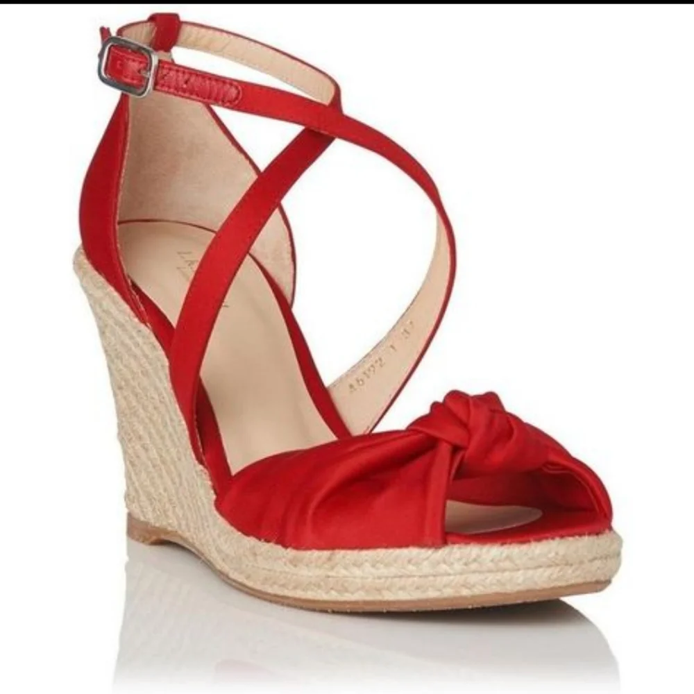 L.K. Bennett Angeline Red Satin Wedge Espadrilles - Picture 2 of 16